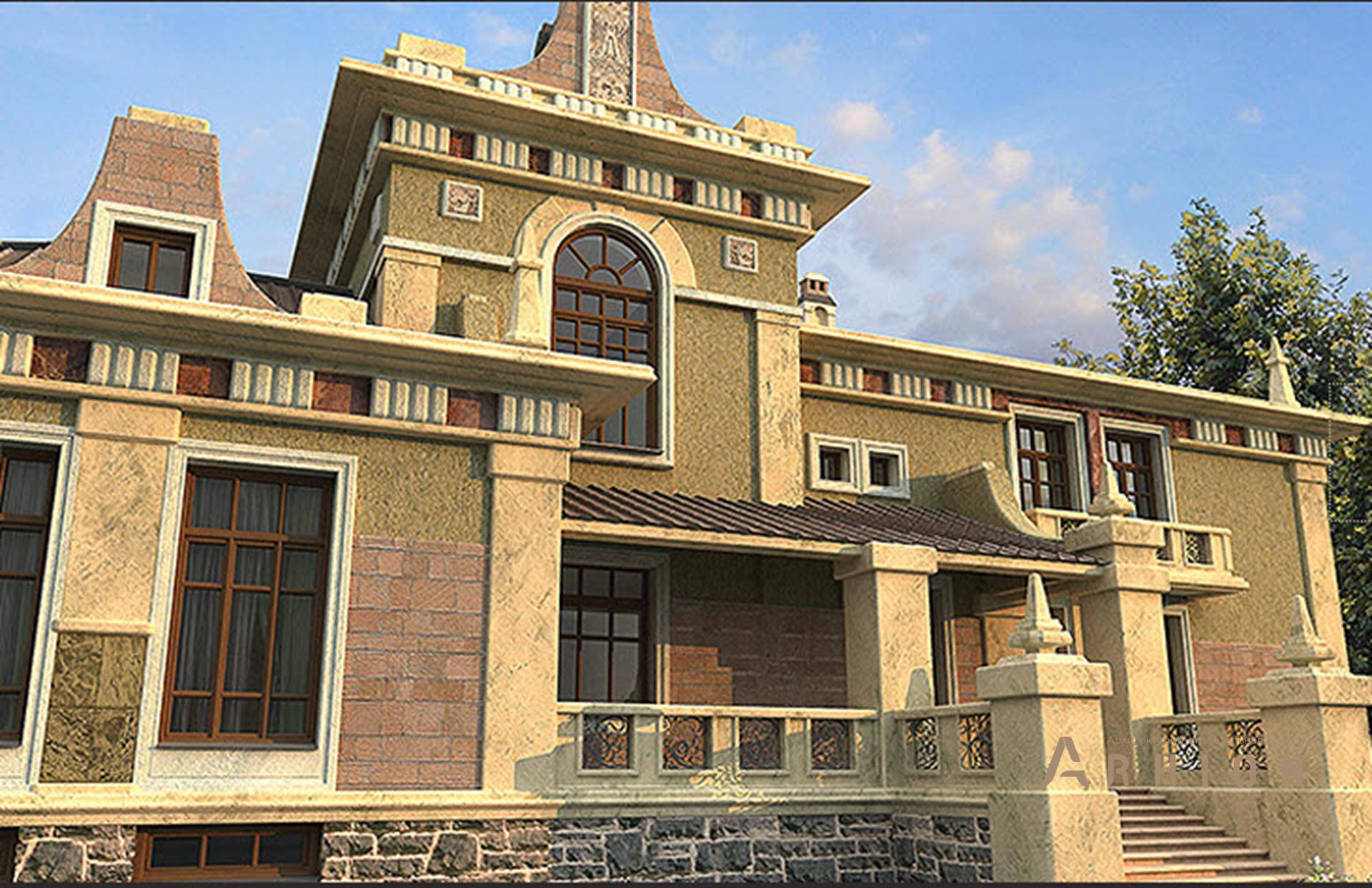 5. Проект двухэтажного дома в замковом стиле с многоскатной кровлей, SOV-2, площадью - 921 кв c цокольным этажом, терассой, балконом